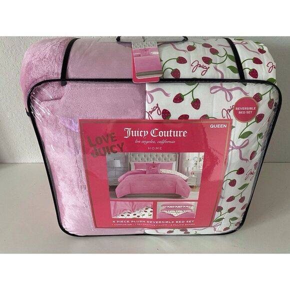 4 Pc Juicy Couture QUEEN Reversible Comforter Set Plush Pink Strawberries & Bows - Picture 3 of 16